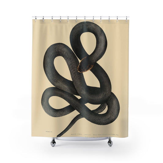 Cool Snake Shower Curtain with black cobra Capella design, exotic bathroom decor featuring detailed snake art.