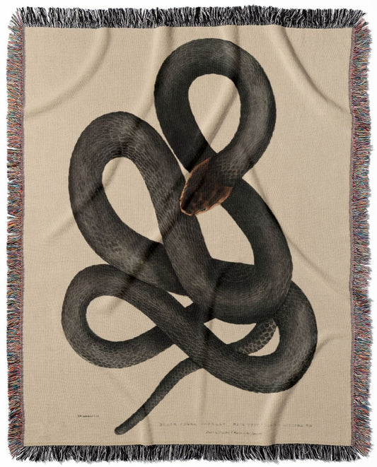 Cool Snake woven throw blanket, crafted from 100% cotton, offering a soft and cozy texture with a black cobra capella design for home decor.