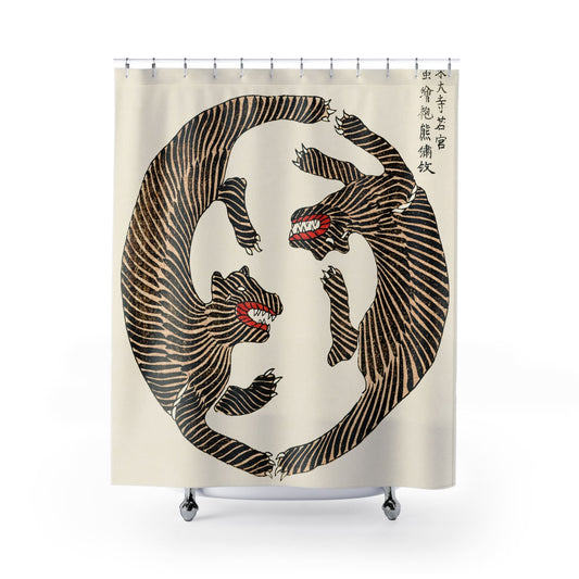 Cool Tiger Shower Curtain with Japanese tigers design, exotic bathroom decor featuring detailed tiger art.
