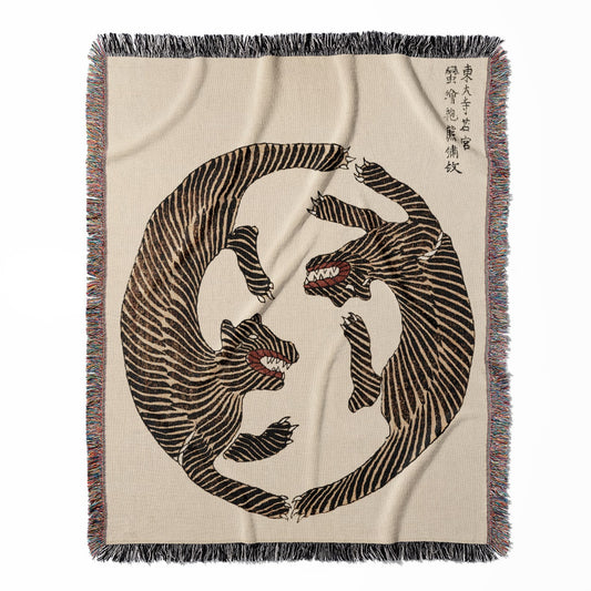 Cool Tiger woven throw blanket, made of 100% cotton, delivering a soft and cozy texture with Japanese tigers for home decor.