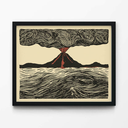 Cool Volcano Drawing Art Print in Black Picture Frame