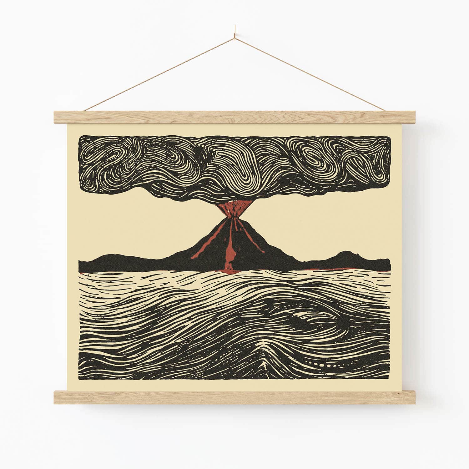 Cool Volcano Drawing Art Print in Wood Hanger Frame on Wall