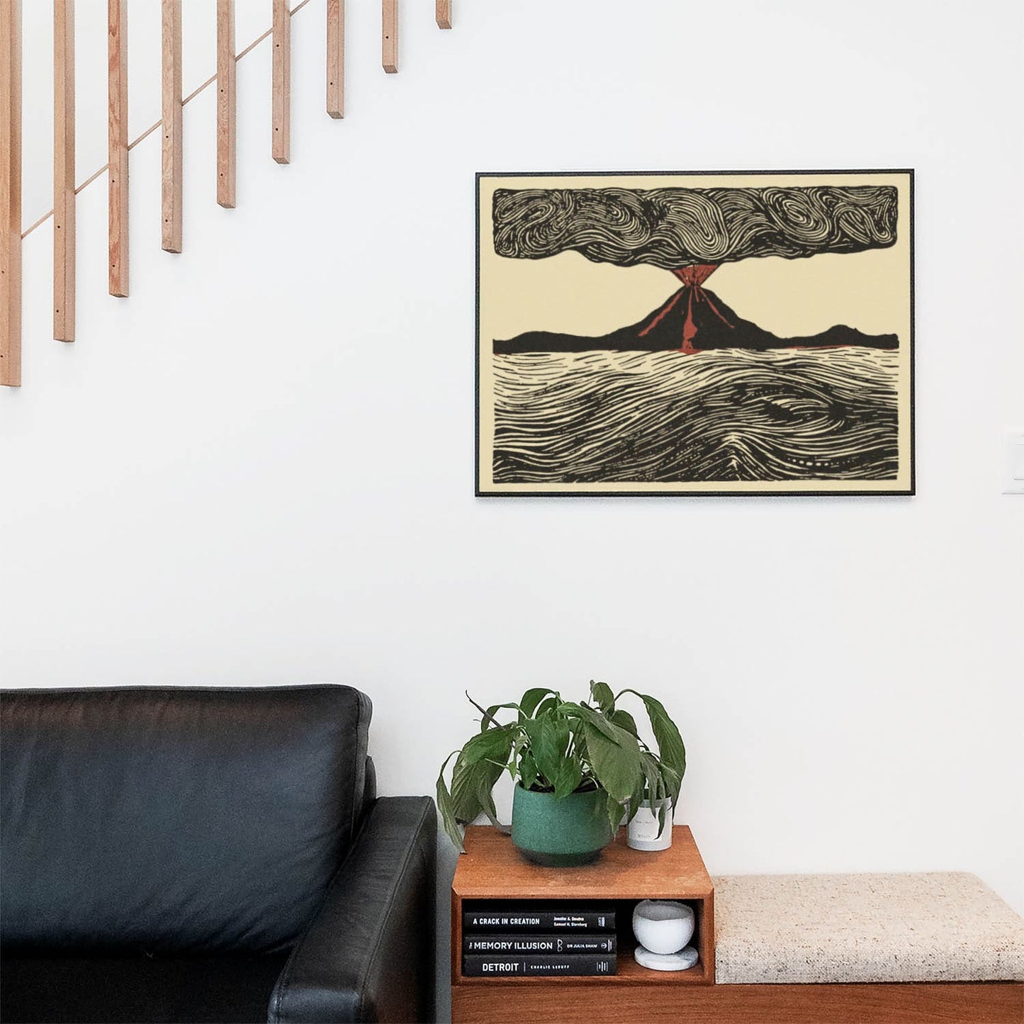 Cool Volcano Drawing Wall Art Print in a Picture Frame on Living Room Wall