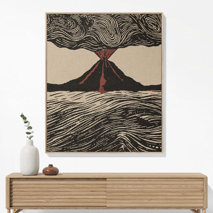 Cool Volcano Drawing Woven Blanket Hanging on a Wall as Framed Wall Art