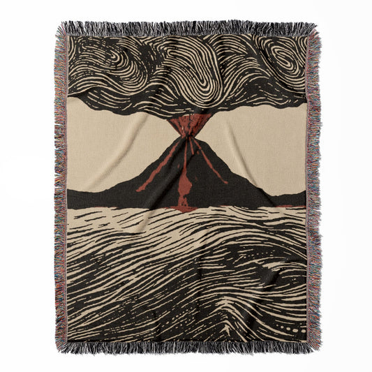 Cool Volcano Drawing woven throw blanket, made with 100% cotton, presenting a soft and cozy texture with a scientific drawing of a volcano for home decor.