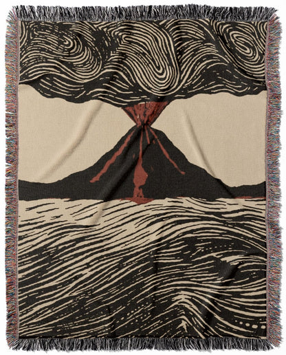 Cool Volcano Drawing woven throw blanket, made with 100% cotton, presenting a soft and cozy texture with a scientific drawing of a volcano for home decor.