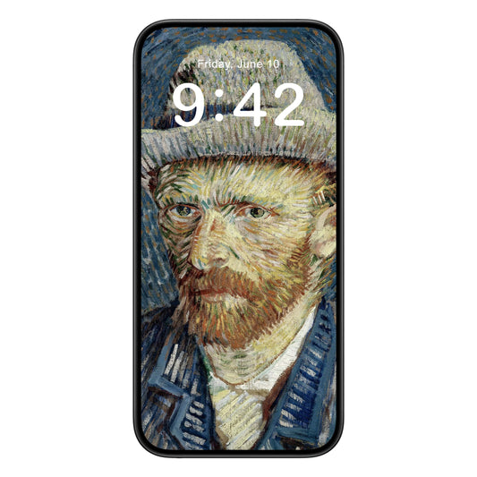Cool Van Gogh phone wallpaper background with self portrait design shown on a phone lock screen, instant download available.