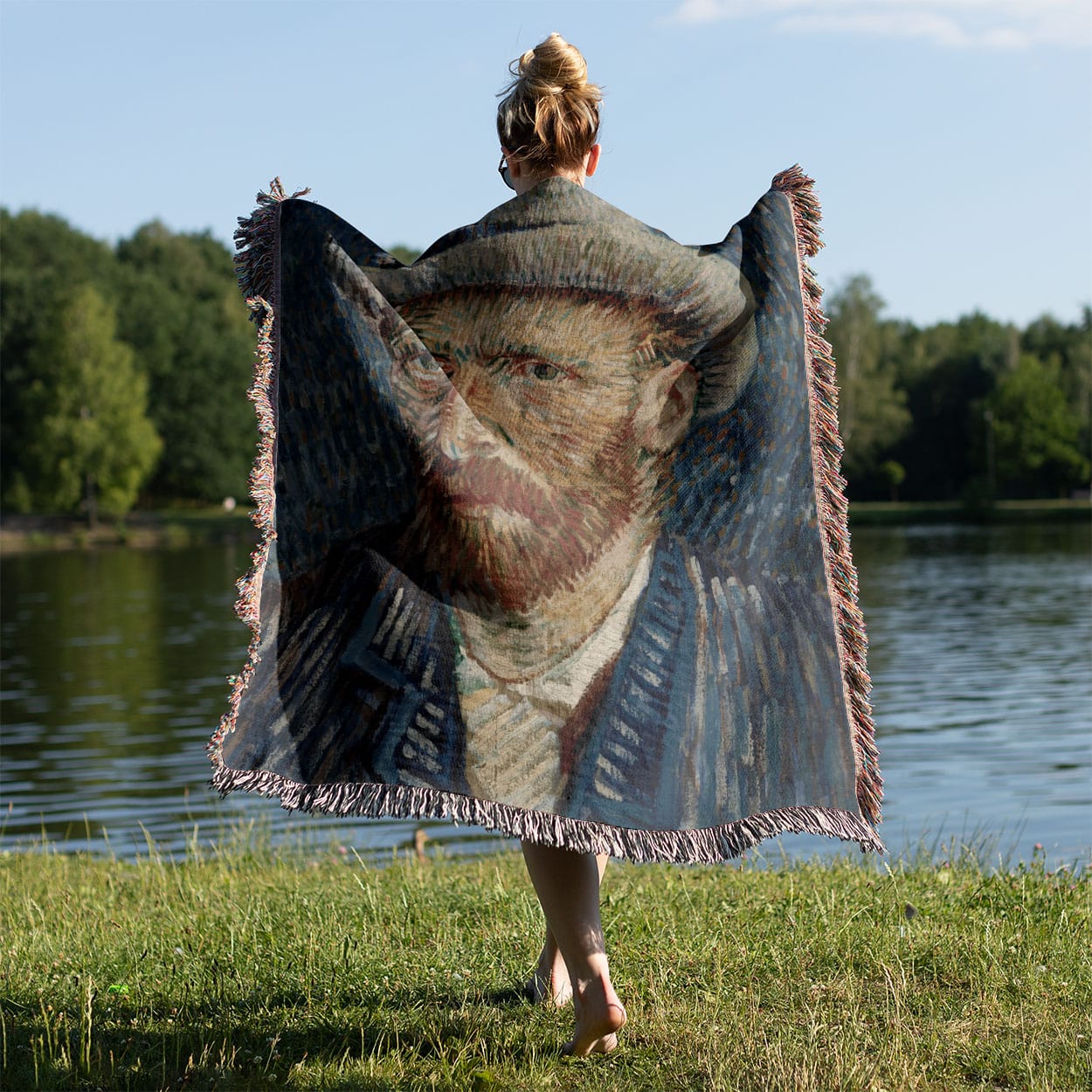 Cool van Gogh Woven Blanket Held on a Woman's Back Outside