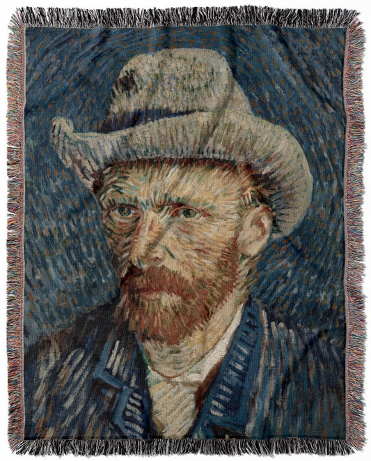 Cool Van Gogh woven throw blanket, crafted from 100% cotton, offering a soft and cozy texture with a self-portrait design for home decor.