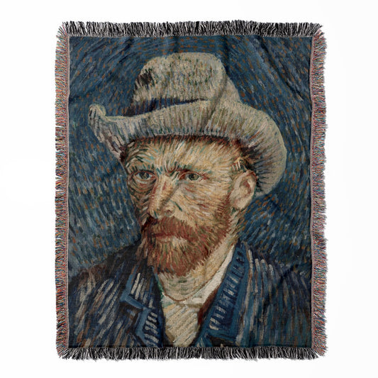 Cool Van Gogh woven throw blanket, crafted from 100% cotton, offering a soft and cozy texture with a self-portrait design for home decor.