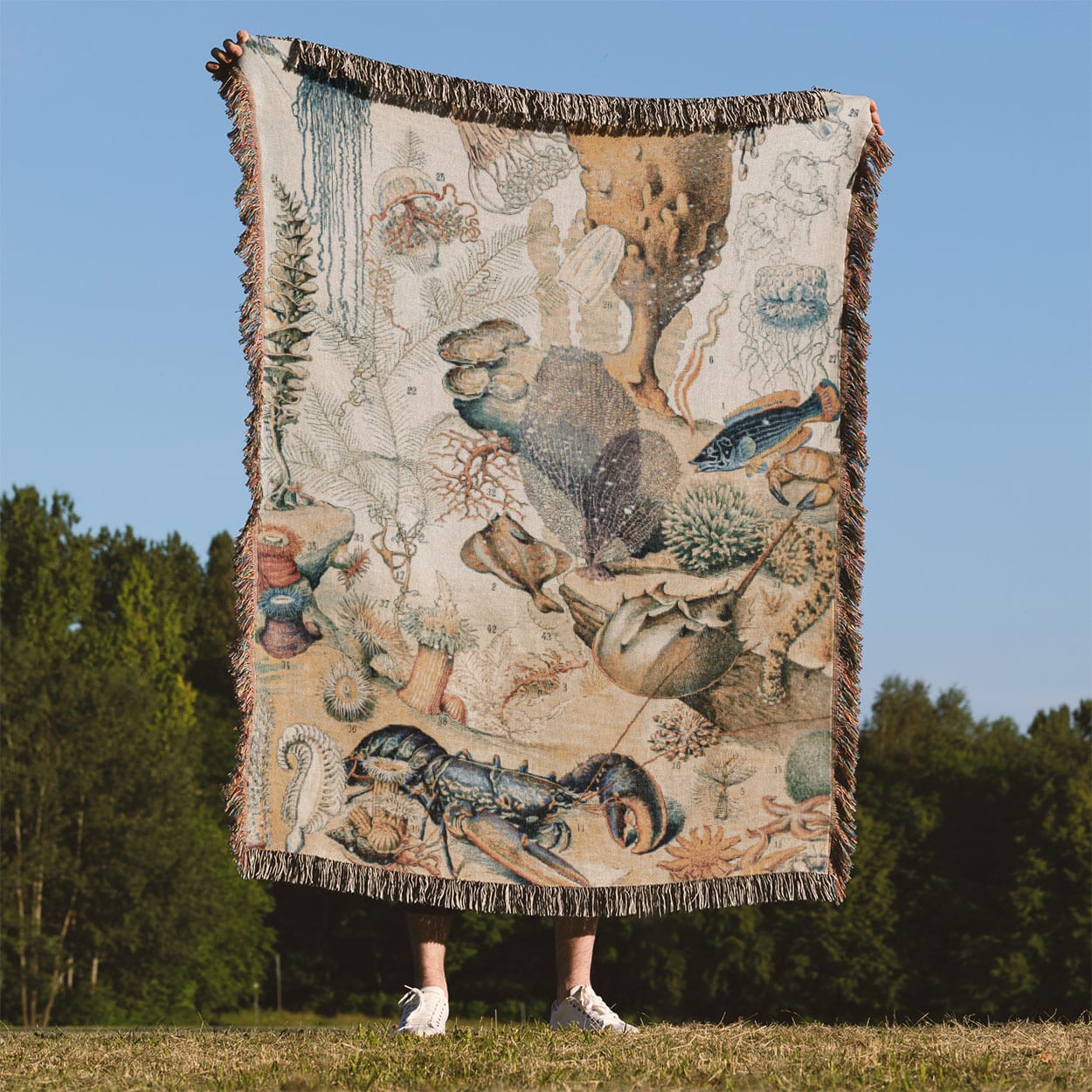 Corals and Jellyfish Woven Blanket Held Up Outside