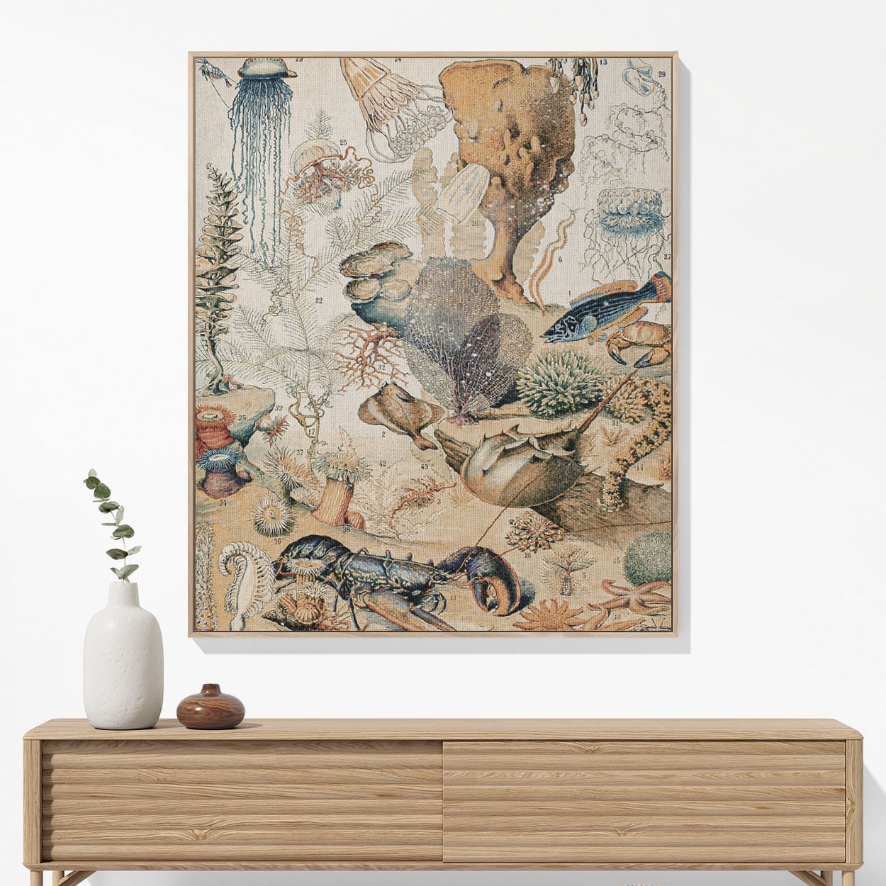 Corals and Jellyfish Woven Blanket Woven Blanket Hanging on a Wall as Framed Wall Art