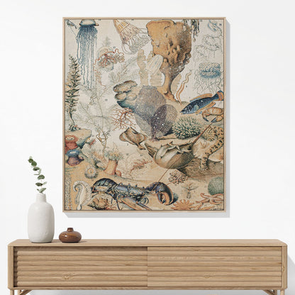 Corals and Jellyfish Woven Blanket Woven Blanket Hanging on a Wall as Framed Wall Art