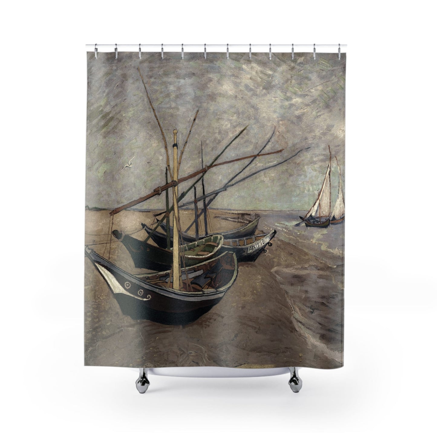 Coastal Shower Curtain with nautical beach design, marine-themed bathroom decor showcasing serene beach views.