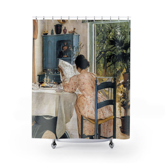 Cottagecore Chic Shower Curtain with breakfast painting design, charming bathroom decor featuring cottagecore breakfast scenes.