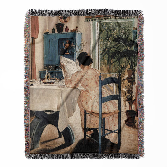 Cottagecore Chic woven throw blanket, made of 100% cotton, featuring a soft and cozy texture with a breakfast painting for home decor.