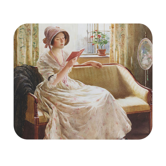 Cottagecore Mouse Pad showcasing reading in a sundress theme, perfect for desk and office decor.