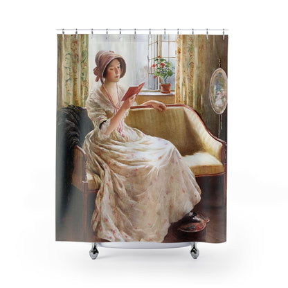 Cottagecore Shower Curtain with reading in a sundress design, rustic bathroom decor featuring charming cottagecore themes.