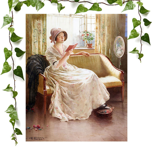 Cottagecore art print featuring reading in a sundress, vintage wall art room decor