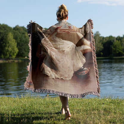 Cottagecore Woven Blanket Held on a Woman's Back Outside
