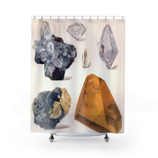 Crystals Shower Curtain with amber and crystals design, elegant bathroom decor featuring sparkling crystal themes.