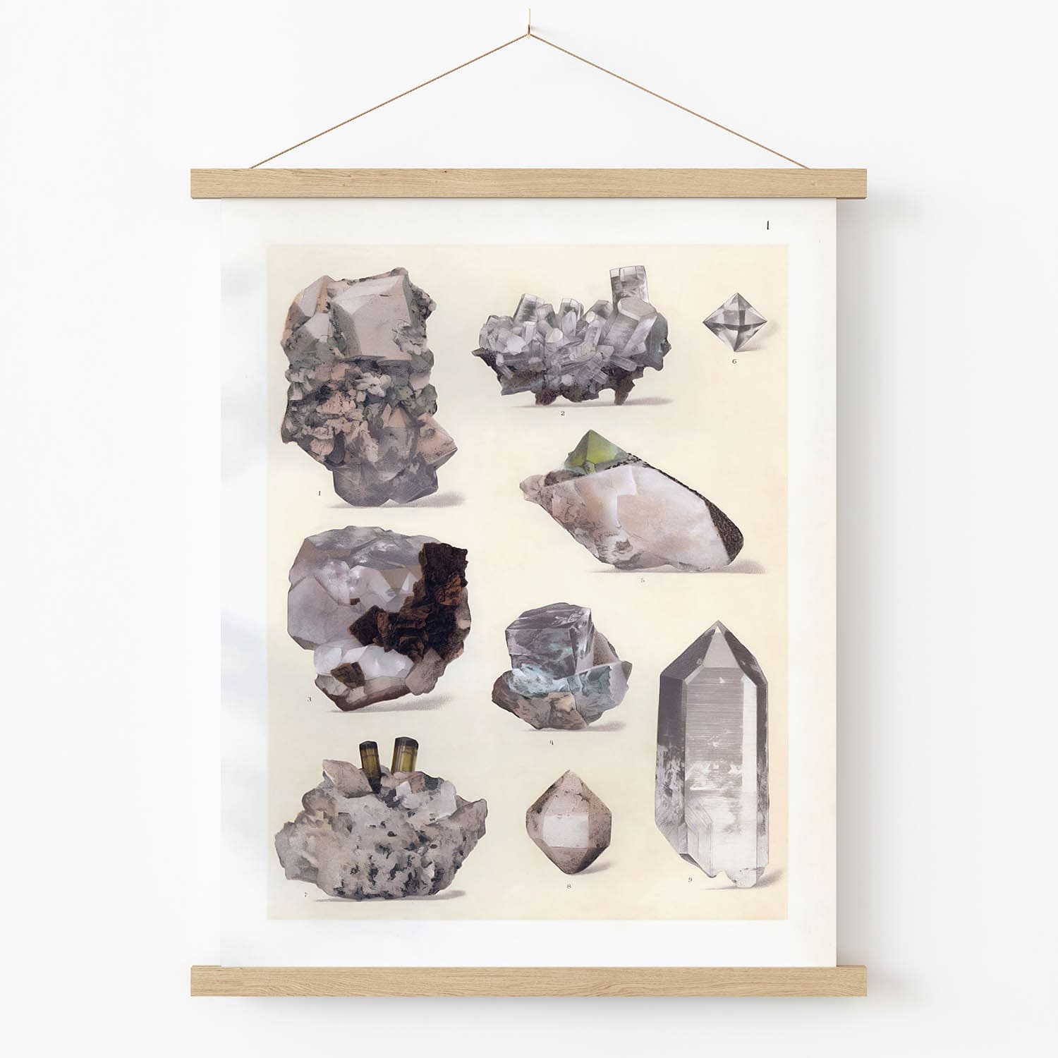 Raw Crystal Diagram Art Print in Wood Hanger Frame on Wall