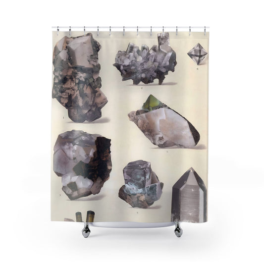 Crystals and Gemstones Shower Curtain with geology diagram design, educational bathroom decor showcasing detailed mineral formations.