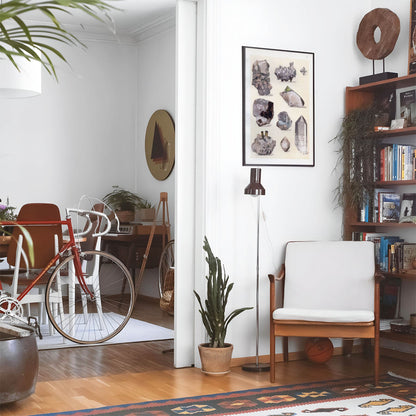 Eclectic living room with a road bike, bookshelf and house plants that features framed artwork of a Raw Crystal Diagram above a chair and lamp