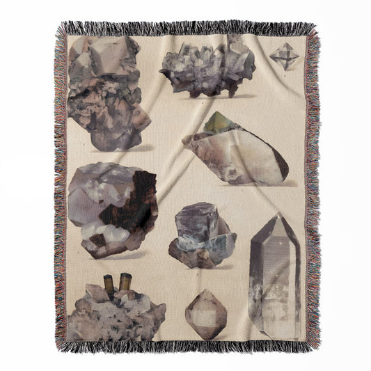 Crystals and Gemstones woven throw blanket, made of 100% cotton, presenting a soft and cozy texture with a geology diagram for home decor.