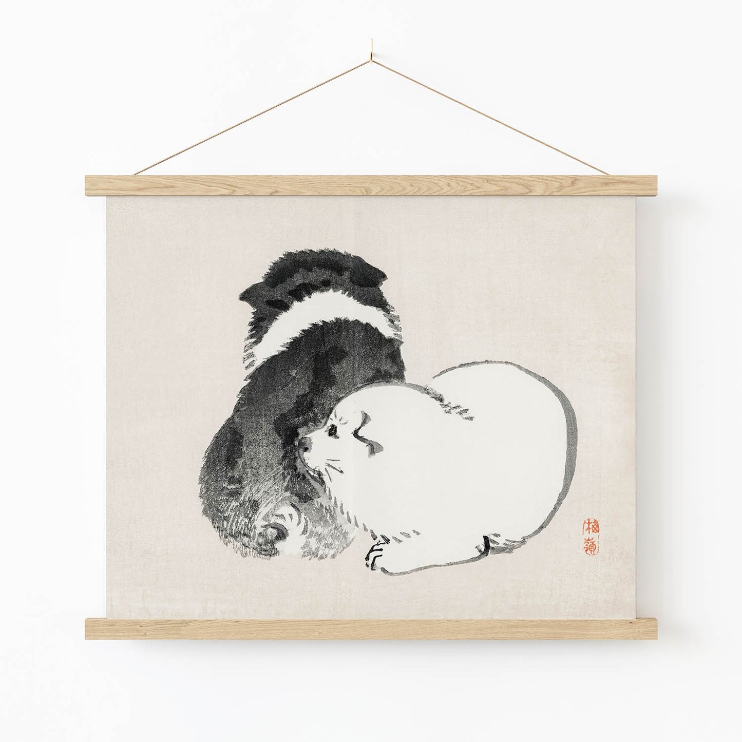 Minimalist Puppy Art Print in Wood Hanger Frame on Wall