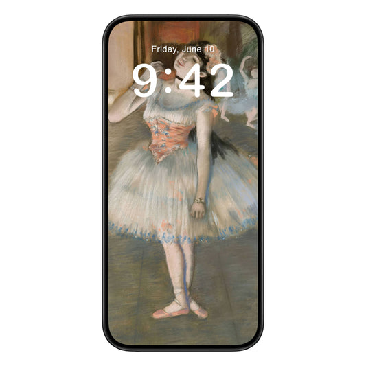 Ballerina Painting phone wallpaper background with edgar degas design shown on a phone lock screen, instant download available.