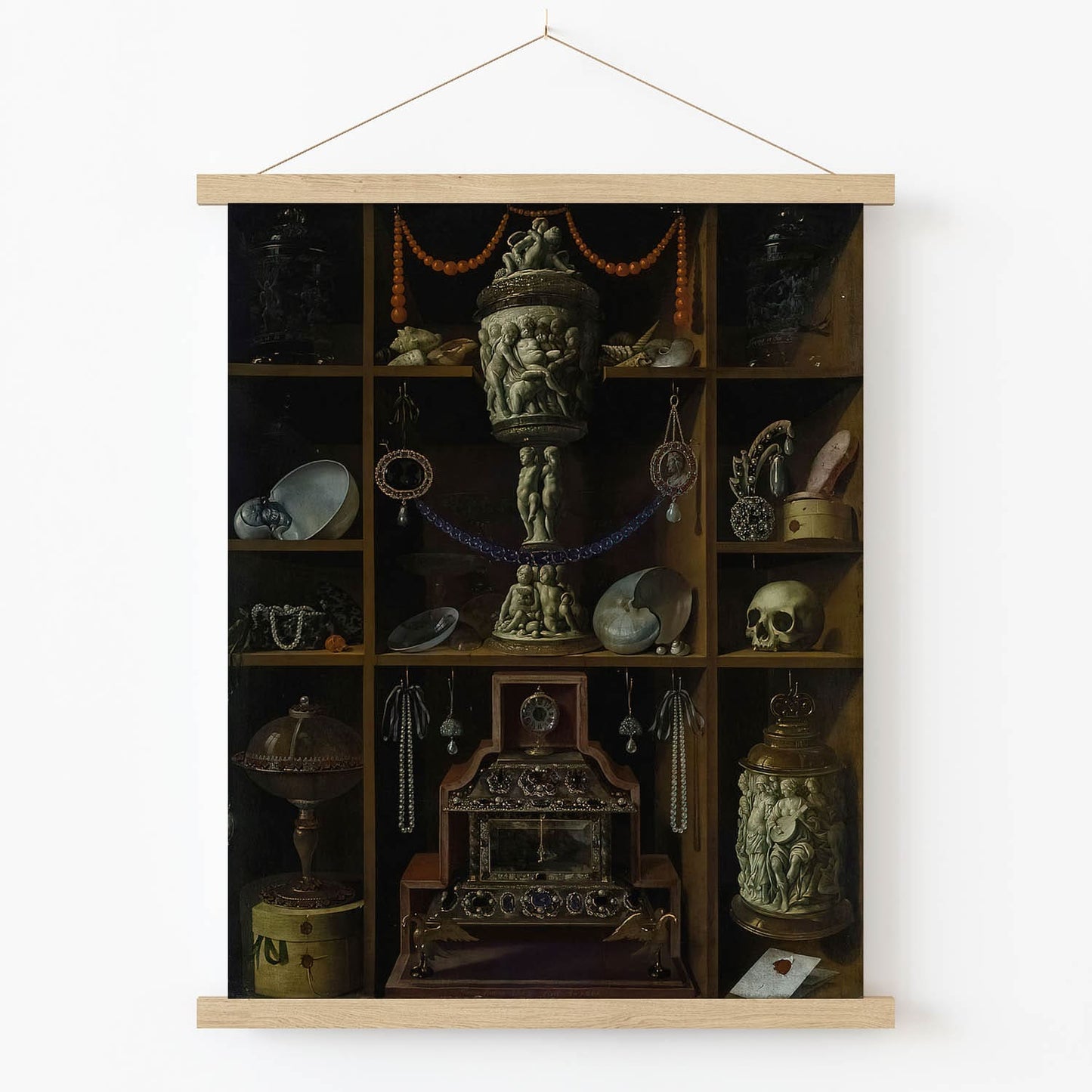 Vintage Treasure Chest Art Print in Wood Hanger Frame on Wall