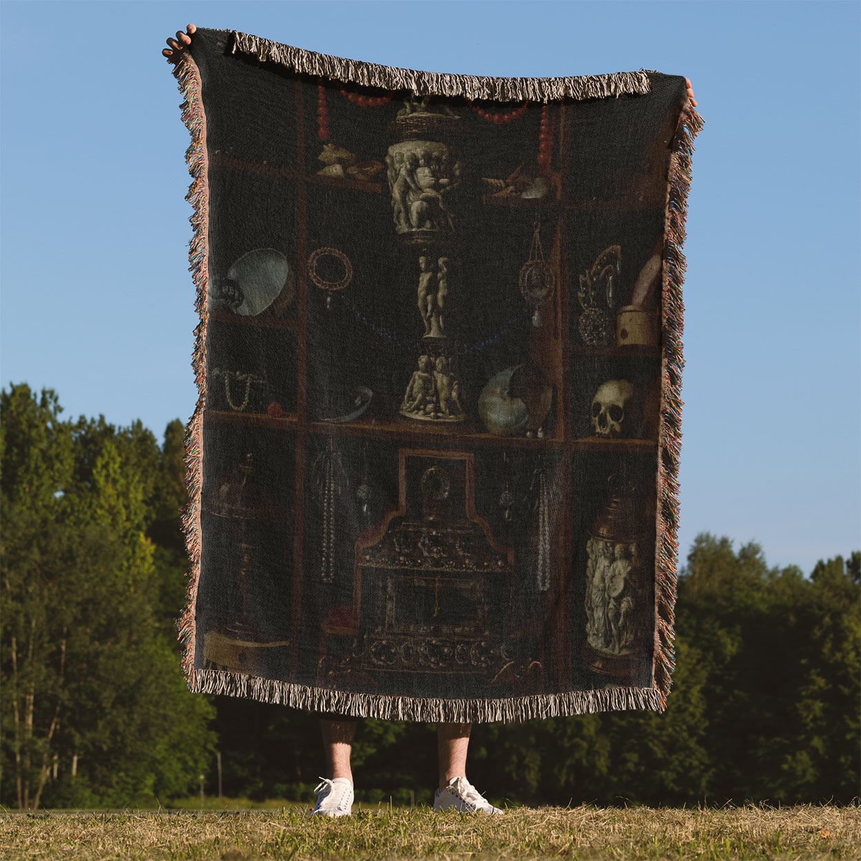 Dark Academia Aesthetic Woven Blanket Held Up Outside