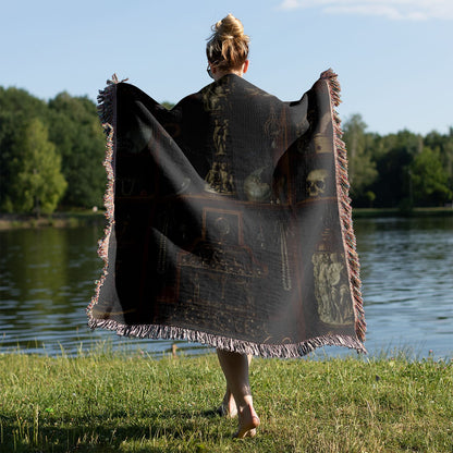 Dark Academia Aesthetic Woven Throw Blanket Held on a Woman's Back Outside