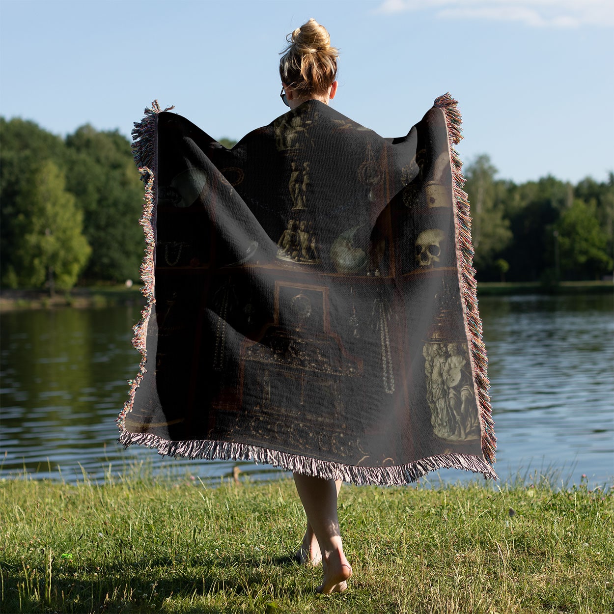 Dark Academia Aesthetic Woven Blanket Held on a Woman's Back Outside