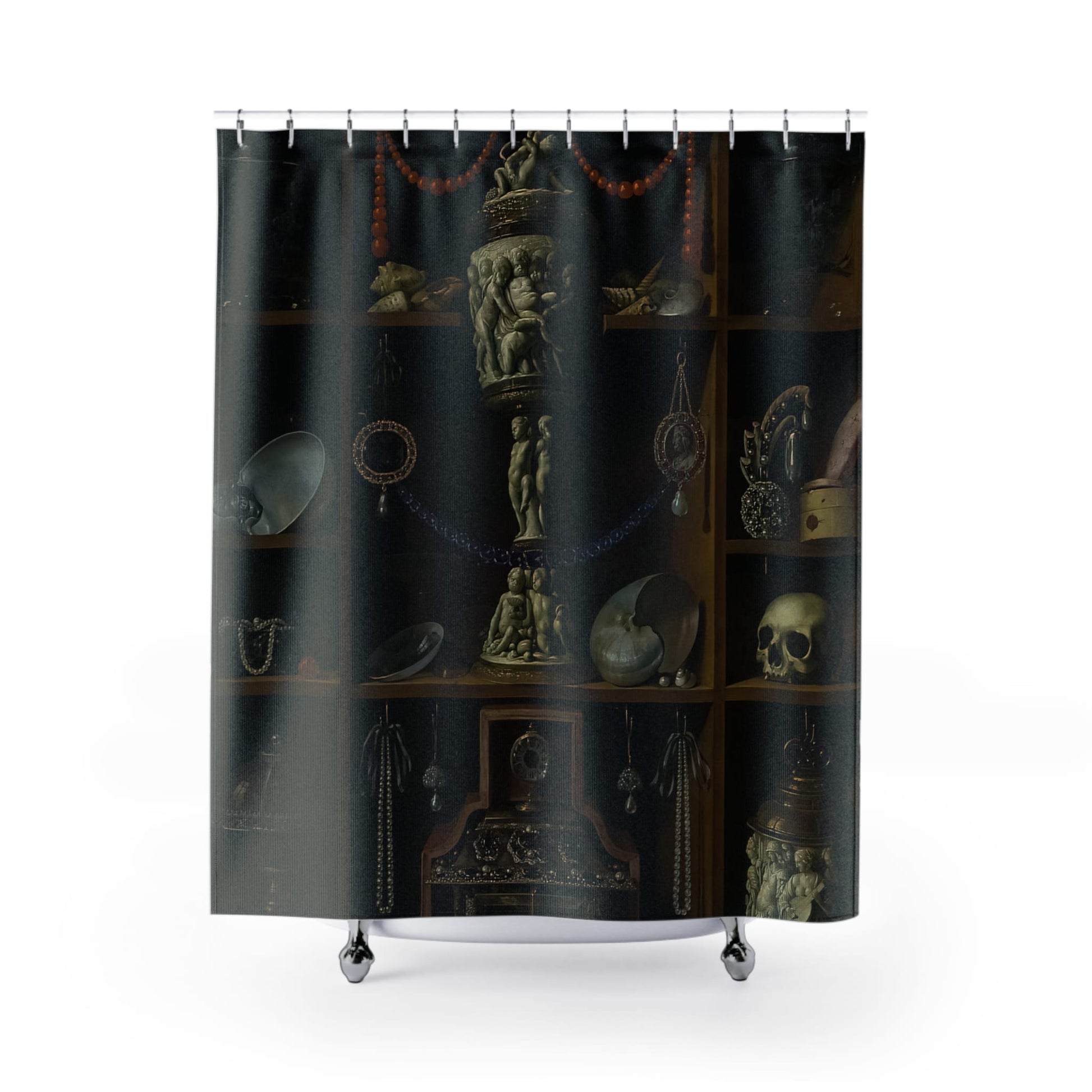 Cabinet of Curiosities Shower Curtain with dark academia design, scholarly bathroom decor featuring a curiosity cabinet theme.