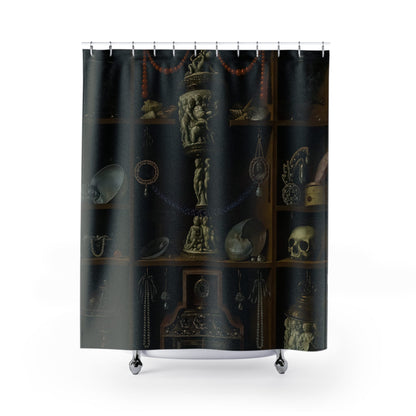 Cabinet of Curiosities Shower Curtain with dark academia design, scholarly bathroom decor featuring a curiosity cabinet theme.
