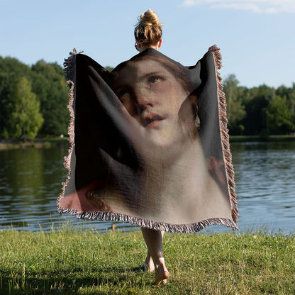 Dark Academia Aesthetic Woven Blanket Held on a Woman's Back Outside