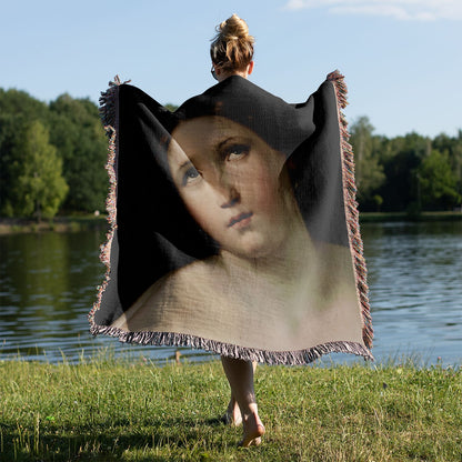 Dark Academia Woven Blanket Held on a Woman's Back Outside