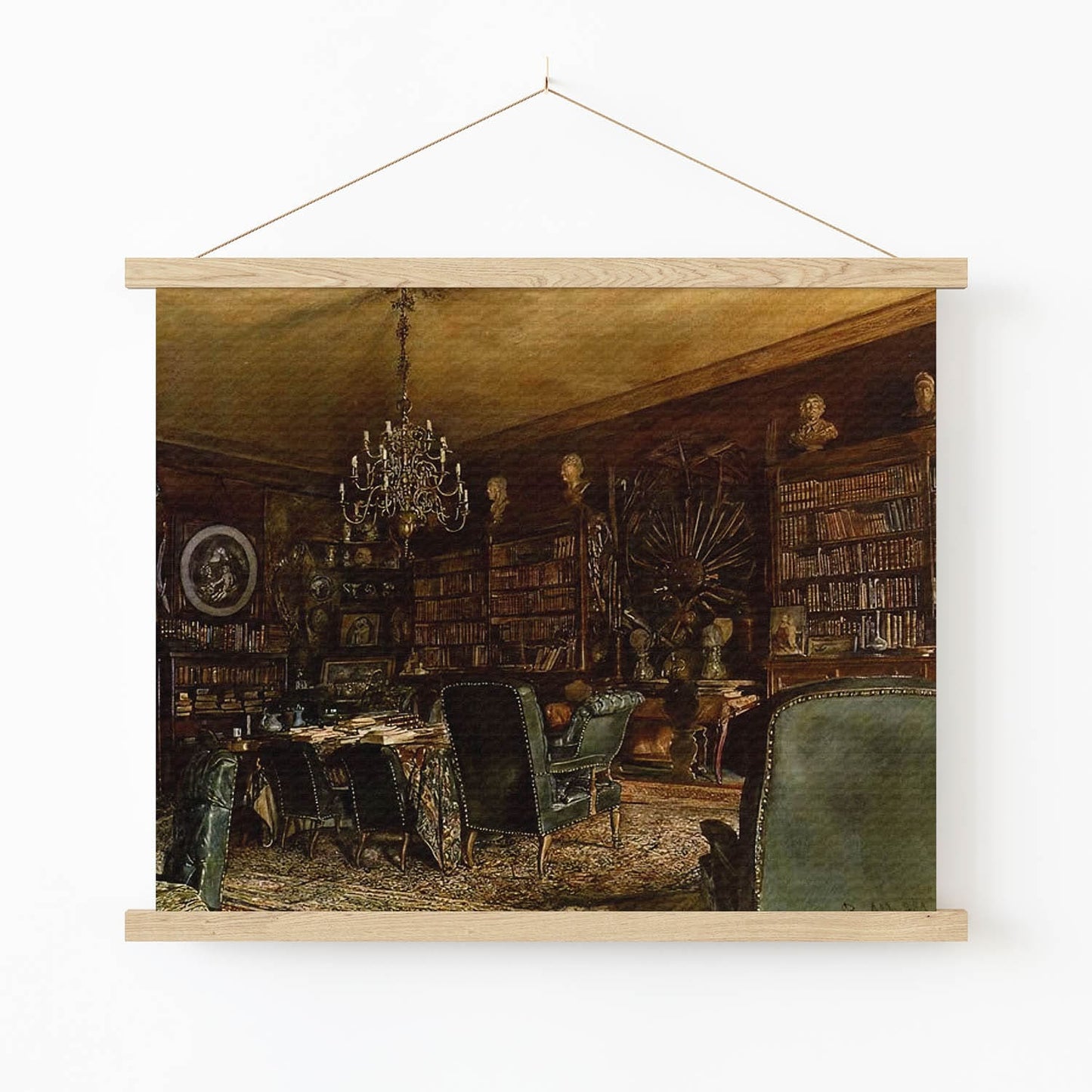 Dark Academia Room Art Print in Wood Hanger Frame on Wall