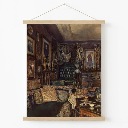 Gold and Black Couch Art Print in Wood Hanger Frame on Wall