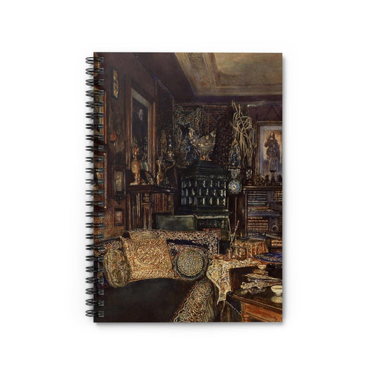Dark Academia Room Notebook with Victorian cover, perfect for journaling and planning, featuring a Victorian dark academia room.