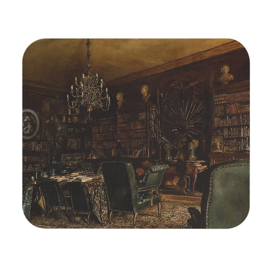 Dark Academia Room Mouse Pad with dark library art, desk and office decor featuring classic dark academia designs.