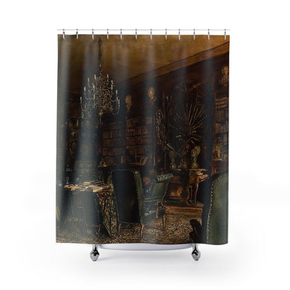 Dark Academia Room Shower Curtain with dark library design, scholarly bathroom decor featuring moody academia themes.