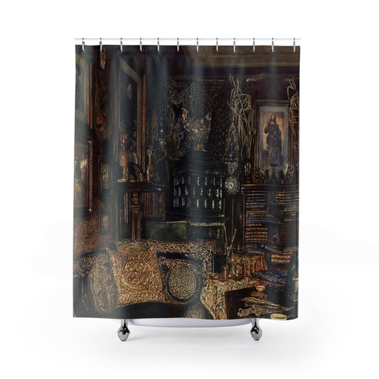 Dark Academia Room Shower Curtain with Victorian design, scholarly bathroom decor featuring a Victorian dark academia theme.