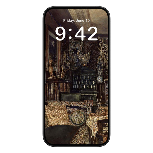 Dark Academia Room phone wallpaper background with victorian design shown on a phone lock screen, instant download available.