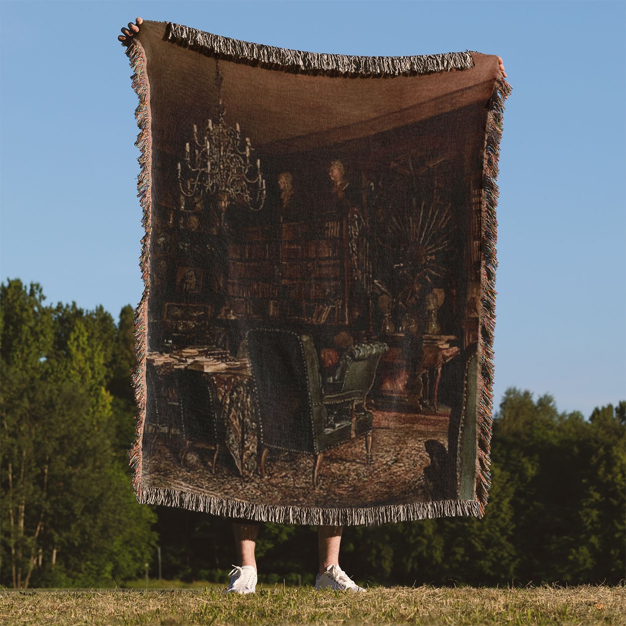 Dark Academia Room Woven Blanket Held Up Outside