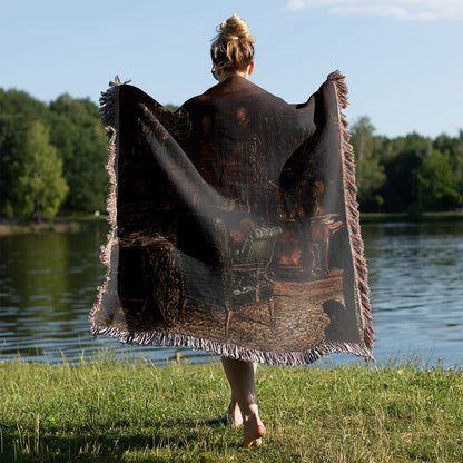 Dark Academia Room Woven Blanket Held on a Woman's Back Outside