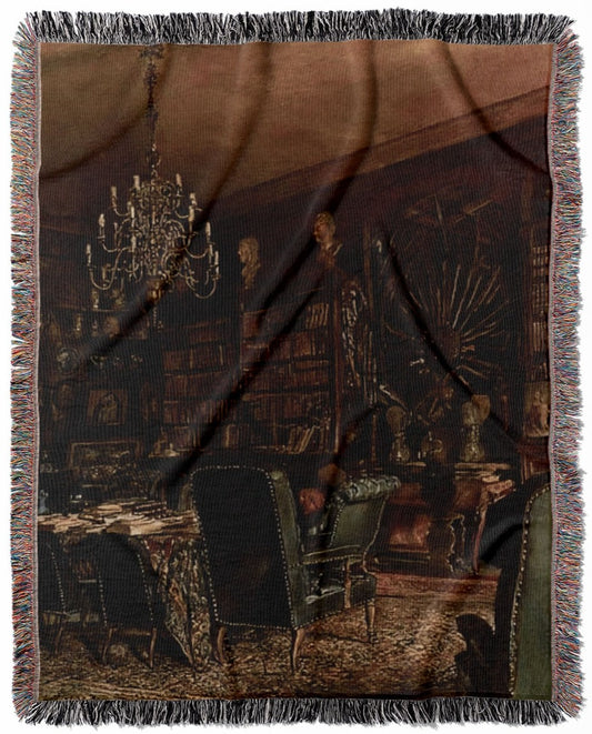 Dark Academia Room woven throw blanket, crafted from 100% cotton, offering a soft and cozy texture with a dark gloomy library theme for home decor.