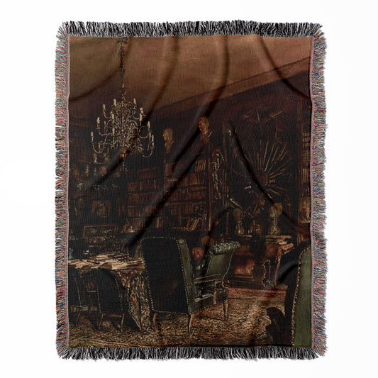Dark Academia Room woven throw blanket, crafted from 100% cotton, offering a soft and cozy texture with a dark gloomy library theme for home decor.